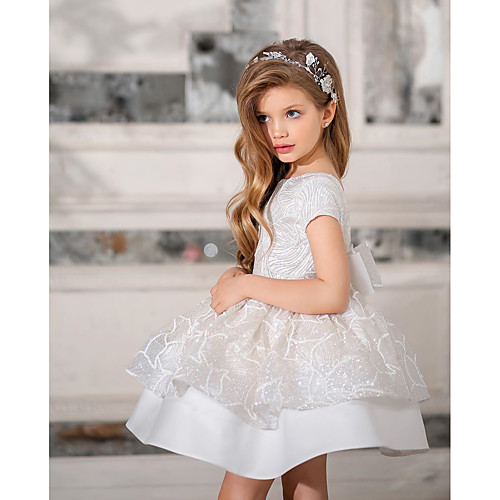 

Princess / Ball Gown Knee Length Wedding / Party Flower Girl Dresses - Lace Short Sleeve Jewel Neck with Appliques