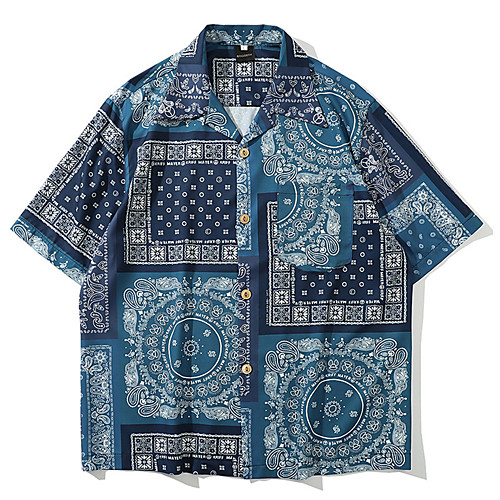 

Men's Shirt 3D Print Lattice Button-Down Print Short Sleeve Street Tops Ethnic Style Casual Black Blue Red