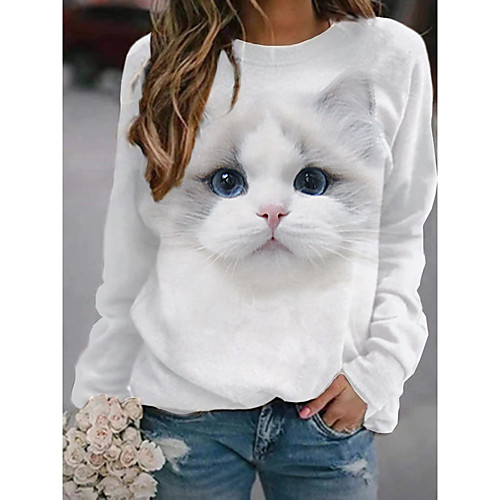 

Women's Pullover Sweatshirt Cat Graphic 3D Print Daily 3D Print Basic Casual Hoodies Sweatshirts White