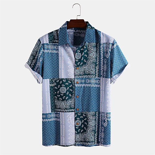 

Men's Shirt Other Prints Lattice Floral Button-Down Print Short Sleeve Daily Tops Ethnic Style Casual Blue