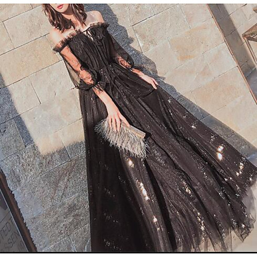 

A-Line Glittering Empire Engagement Prom Dress Off Shoulder 3/4 Length Sleeve Floor Length Tulle with Pleats Sequin 2021