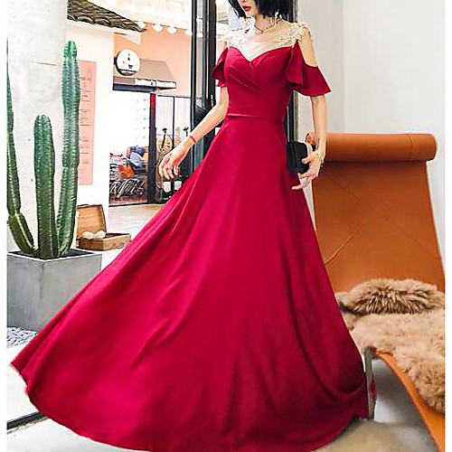 

A-Line Minimalist Elegant Engagement Prom Dress Illusion Neck Short Sleeve Floor Length Italy Satin with Pleats Appliques 2021