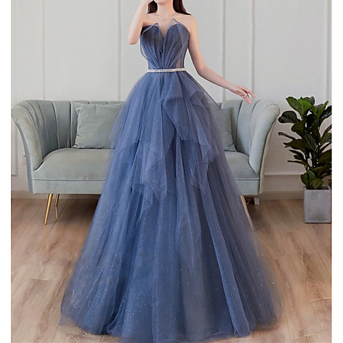 

A-Line Glittering Elegant Prom Formal Evening Dress Sweetheart Neckline Sleeveless Floor Length Tulle with Sash / Ribbon Pleats Tier 2021