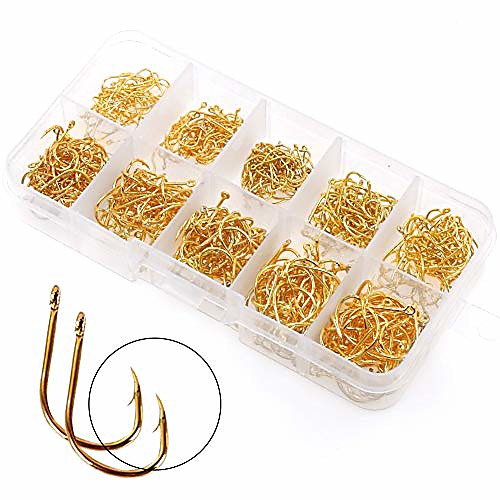 

500PCS Small Fishing Hooks, Assorted 10 Sizes(3#-12#) Fish Hooks Portable Plastic Box, Strong Sharp Fishhook with Barbs for Freshwater/Seawater (Gold)