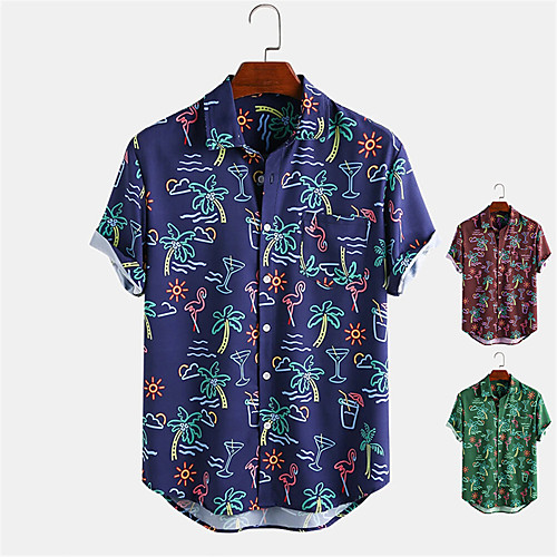 

Men's Shirt Other Prints Plants Button-Down Print Short Sleeve Daily Tops Casual Hawaiian Blue Wine Green