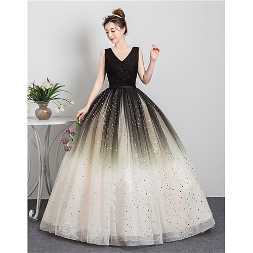 

Ball Gown Color Block Sparkle Quinceanera Formal Evening Dress V Neck Sleeveless Floor Length Tulle with Pleats Sequin Appliques 2021