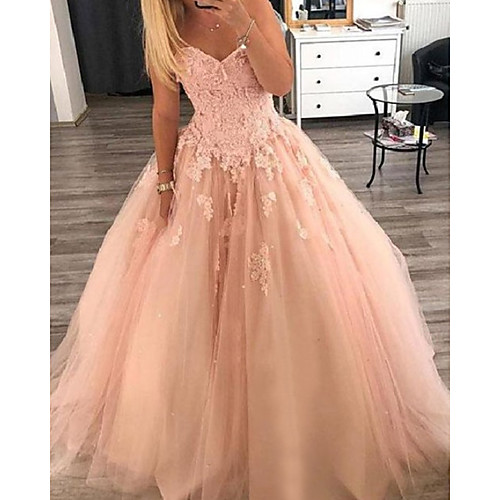

Ball Gown Luxurious Floral Quinceanera Formal Evening Dress V Neck Sleeveless Floor Length Tulle with Pleats Appliques 2021