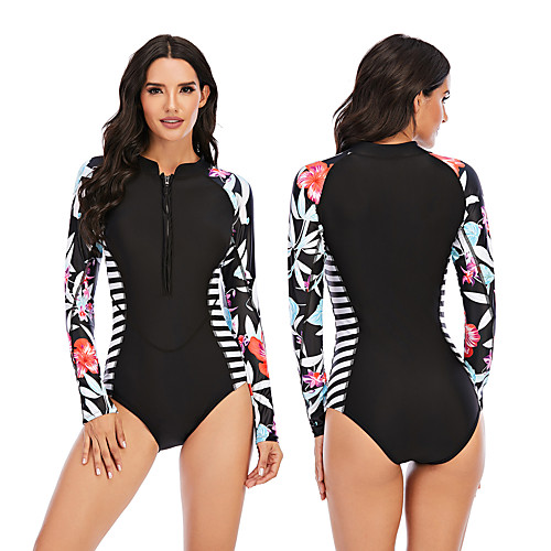 

Women's One Piece Swimsuit Rash Guard Elastane Swimwear Breathable Quick Dry Long Sleeve Front Zip - Swimming Surfing Water Sports Painting Autumn / Fall Spring Summer