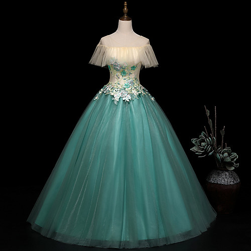 

Ball Gown Color Block Floral Quinceanera Prom Dress Illusion Neck Short Sleeve Floor Length Tulle with Pleats Embroidery 2021