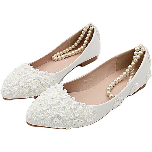 

Women's Wedding Shoes Flat Heel Pointed Toe Wedding Flats Wedding Walking Shoes PU Pearl Floral Picture flat shoes