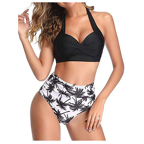 

Women's Bikini Swimsuit High Waist Push Up Geometric Wave dot red Green Black Swimwear Bathing Suits Vintage / Padded Bras