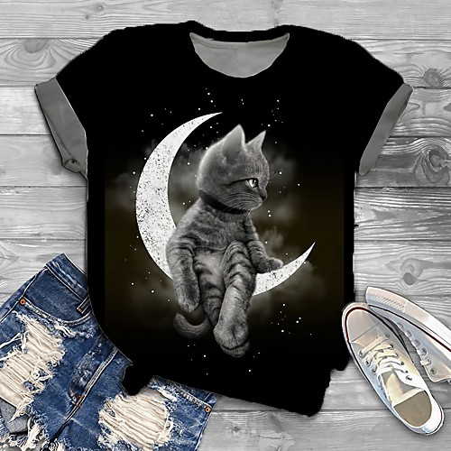 

Women's Plus Size Print Cat Graphic 3D T shirt Large Size Round Neck Short Sleeve Tops Big Size