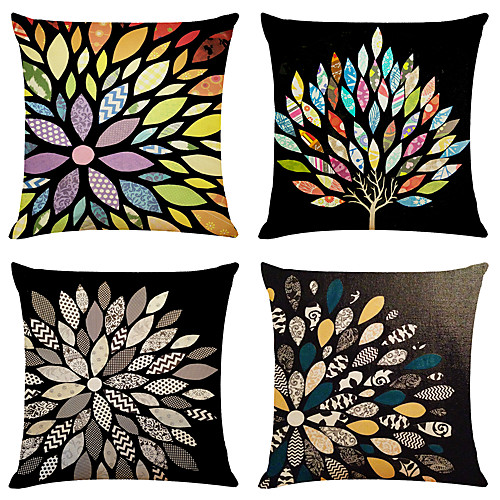 

4 pcs Linen Pillow Cover, Floral&Plants Simple Classic Square Zipper Traditional Classic