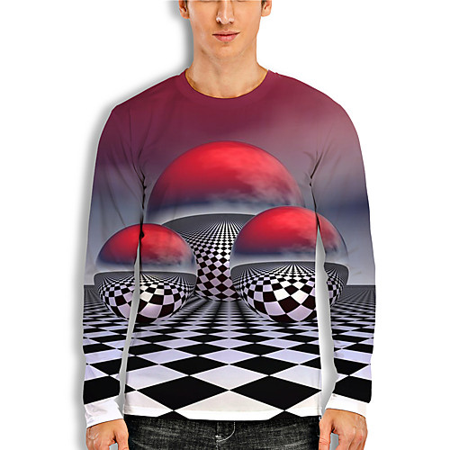 

Men's T shirt 3D Print 3D Geometry 3D Print Long Sleeve Daily Tops Casual Gray / Red