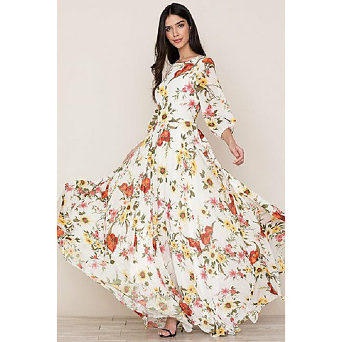 

Women's Sheath Dress Maxi long Dress White 3/4 Length Sleeve Floral Print Fall Spring Round Neck Elegant Boho vacation dresses 2021 S M L XL