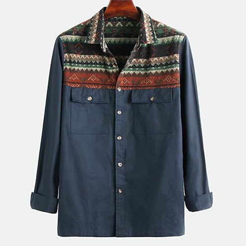 

Men's Shirt Other Prints Patchwork Button-Down Print Long Sleeve Daily Tops 100% Cotton Casual Green Navy Blue