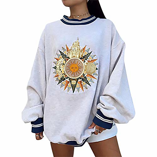 

women casual graphic sun moon print sweatshirt long sleeve crew neck pullover top white