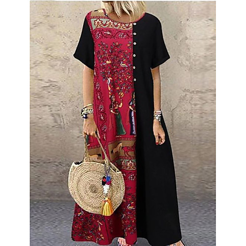 

Women's Swing Dress Maxi long Dress Black Camel Short Sleeve Print Patchwork Print Spring Round Neck Casual 2021 M L XL XXL 3XL