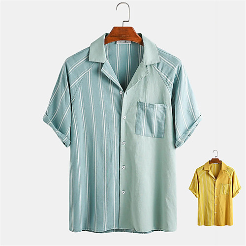 

Men's Shirt non-printing Striped Button-Down Print Short Sleeve Daily Tops 100% Cotton Casual Hawaiian Yellow Green