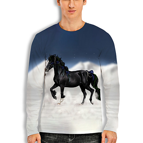 

Men's T shirt 3D Print Graphic Horse Animal Print Long Sleeve Daily Tops Basic Casual Blue / White