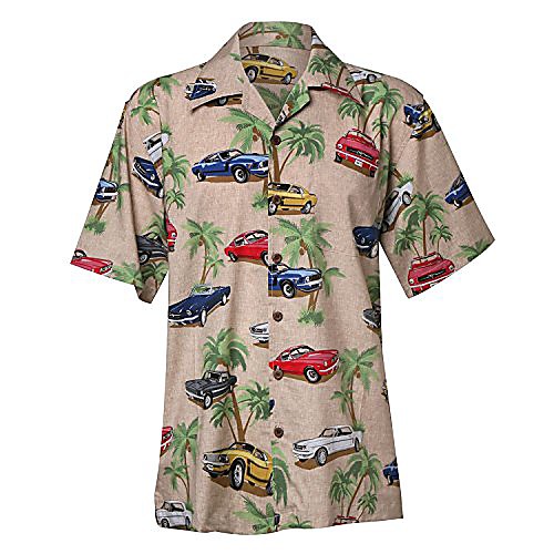

Ford Mustang Hawaiian Camp Shirt – Retro Inspired Button Up Collared Short Sleeve Beige Club