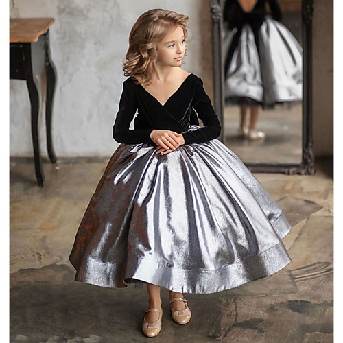 

Princess / Ball Gown Ankle Length Wedding / Party Flower Girl Dresses - Satin / Velvet Long Sleeve V Neck with Color Block