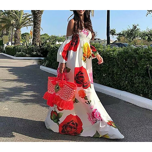 

Women's Swing Dress Maxi long Dress White Black Short Sleeve Floral Patchwork Print Spring Summer Off Shoulder Casual Sexy vacation dresses 2021 S M L XL XXL