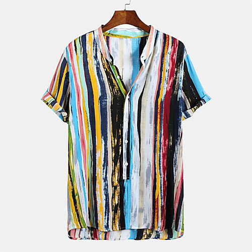 

Men's Shirt Other Prints Striped Button-Down Print Short Sleeve Daily Tops Casual Hawaiian Yellow