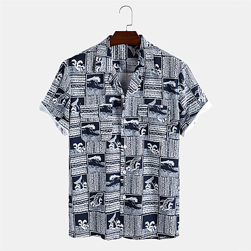 

Men's Shirt Other Prints Lattice Button-Down Print Short Sleeve Daily Tops Ethnic Style Casual Blue