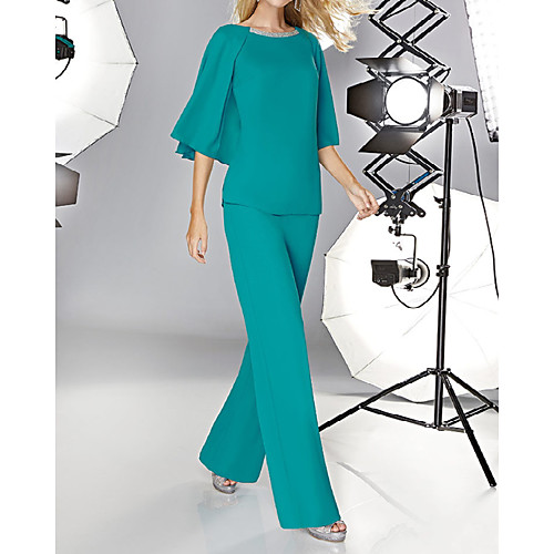 

Jumpsuits Minimalist Elegant Wedding Guest Formal Evening Dress Jewel Neck Half Sleeve Floor Length Chiffon with Sleek 2021