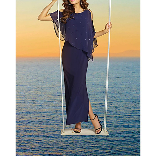 

Sheath / Column Glittering Elegant Wedding Guest Formal Evening Dress Jewel Neck Short Sleeve Ankle Length Chiffon with Split 2021