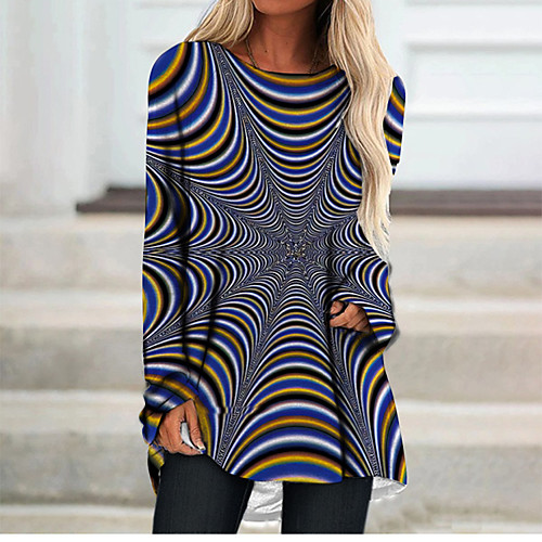

Women's T Shirt Dress Tee Dress Short Mini Dress Rainbow Long Sleeve Print Color Block Geometric Print Fall Spring Round Neck 3D Print Casual 3D Print S M L XL XXL 3XL