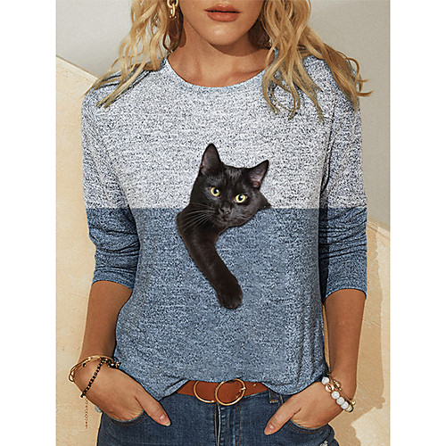 

Women's 3D Cat T shirt Cat Graphic 3D Long Sleeve Print Round Neck Tops Basic Basic Top Blue Wine Camel