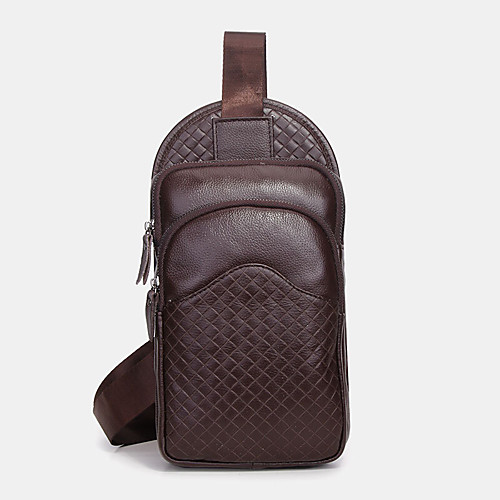 

men genuine leather woven plaids pattern business retro cowhide shoulder bag chest bag
