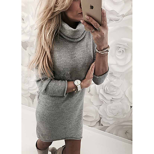 

Women's Sweater Jumper Dress Knee Length Dress Black Yellow Royal Blue Gray Long Sleeve Solid Color Fall Winter Turtleneck Casual 2021 S M L XL
