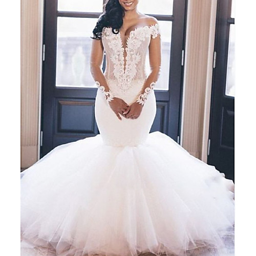 

Mermaid / Trumpet Wedding Dresses Jewel Neck Floor Length Lace Tulle Long Sleeve Formal Romantic with Appliques 2021