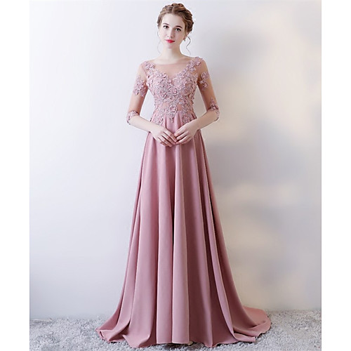 

A-Line Beautiful Back Floral Engagement Formal Evening Dress Illusion Neck Half Sleeve Sweep / Brush Train Stretch Fabric with Pleats Appliques 2021