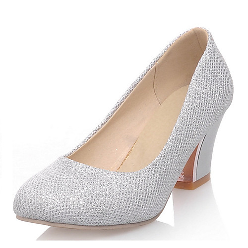 

Women's Heels Pumps Round Toe Casual Daily Walking Shoes Faux Leather Sequin Solid Colored Almond Purple Silver