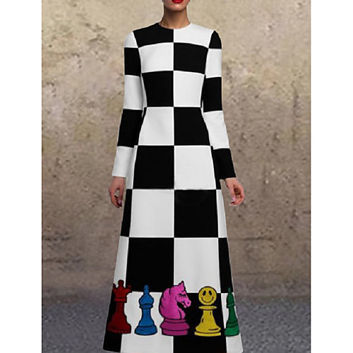 

Women's A Line Dress Maxi long Dress Black Long Sleeve Print Check Patchwork Print Fall Spring Round Neck Casual Vintage 2021 S M L XL XXL 3XL