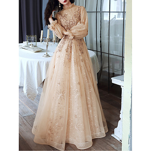 

A-Line Glittering Elegant Engagement Formal Evening Dress High Neck Long Sleeve Floor Length Tulle with Sequin 2021