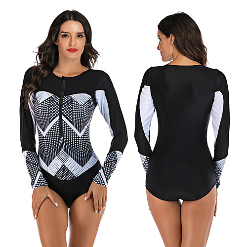 

Women's One Piece Swimsuit Rash Guard Elastane Swimwear Breathable Quick Dry Long Sleeve Front Zip - Swimming Surfing Water Sports Painting Autumn / Fall Spring Summer