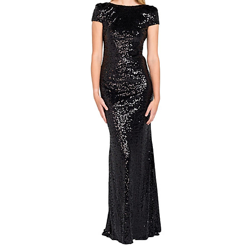 

Sheath / Column Glittering Beautiful Back Wedding Guest Formal Evening Dress Boat Neck Short Sleeve Floor Length Sequined with Sequin 2021