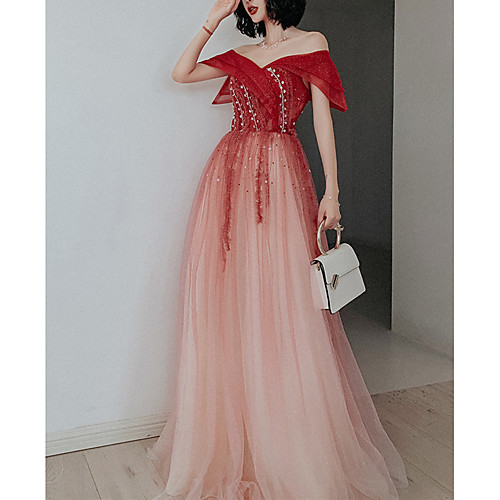 

A-Line Color Block Glittering Prom Formal Evening Dress Off Shoulder Sleeveless Sweep / Brush Train Tulle with Pleats Sequin 2021