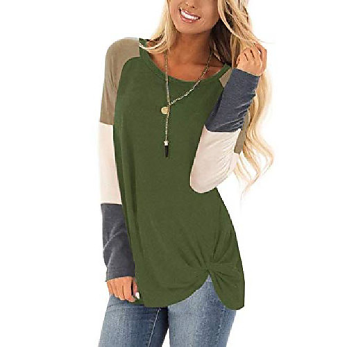 

Women's Long Sleeve Twist Knot Tunics Tops Casual Round Neck Color Block Shirts Blouses Army Green Small