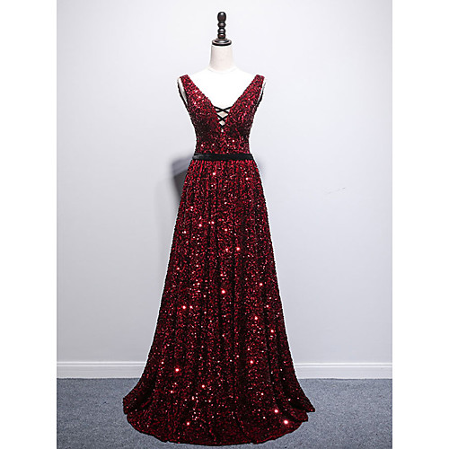 

A-Line Sparkle Sexy Prom Formal Evening Dress V Neck Sleeveless Sweep / Brush Train Sequined with Pleats Sequin 2021