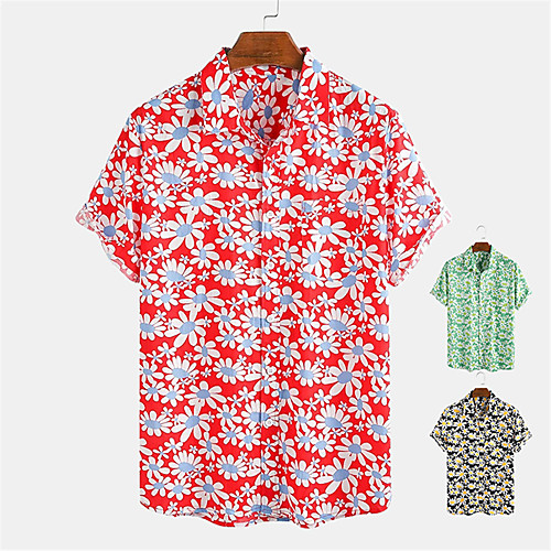 

Men's Shirt Other Prints Floral Button-Down Print Short Sleeve Daily Tops 100% Cotton Casual Hawaiian Black Red Green