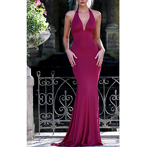 

Mermaid / Trumpet Beautiful Back Sexy Wedding Guest Formal Evening Dress Halter Neck Sleeveless Sweep / Brush Train Spandex with Bow(s) 2021