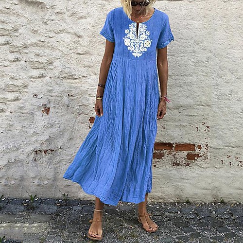 

Women's T Shirt Dress Tee Dress Maxi long Dress Blue Red Yellow Short Sleeve Solid Color Ruched Patchwork Print Fall Spring Round Neck Casual Vintage 2021 S M L XL XXL