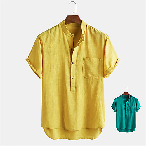 

Men's Shirt non-printing Solid Colored Button-Down Short Sleeve Daily Tops 100% Cotton Casual Yellow Green