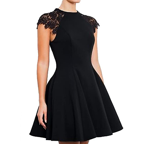 

A-Line Little Black Dress Minimalist Homecoming Cocktail Party Dress Jewel Neck Short Sleeve Short / Mini Stretch Satin with Appliques 2021